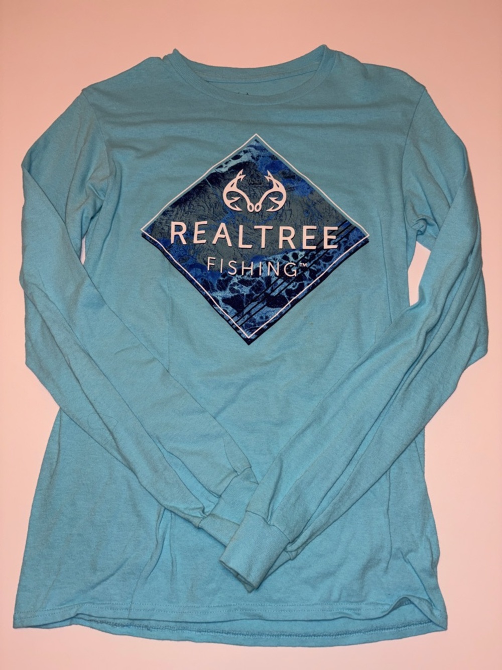 Realtree Fishing Teal Blue Long Sleeve Shirt with Navy Diamond Logo